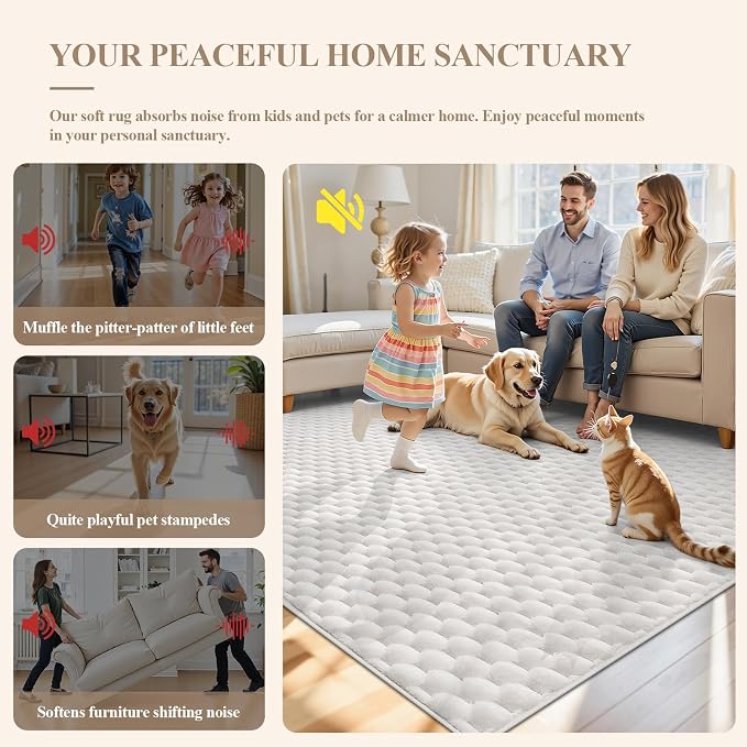 6x9 Area Rug for Living Room, White Washable 3D Bubble Bedroom Rug | Non Slip High Low Pile Hexagon Floor Mat for Dorm, Modern Soft Fluffy Carpet for Dining Room, Office and Nursery