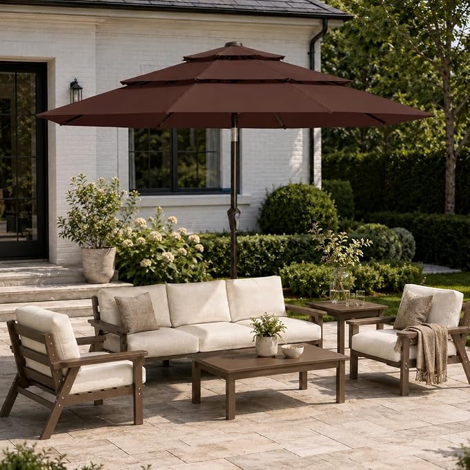 10ft Patio Umbrella, 3-Tier Vented Outdoor Table Umbrella with 8 Sturdy Fiberglass Ribs, Windproof Market Umbrella with Push Button Tilt and Crank, UV Protection for Deck, Pool, Brown
