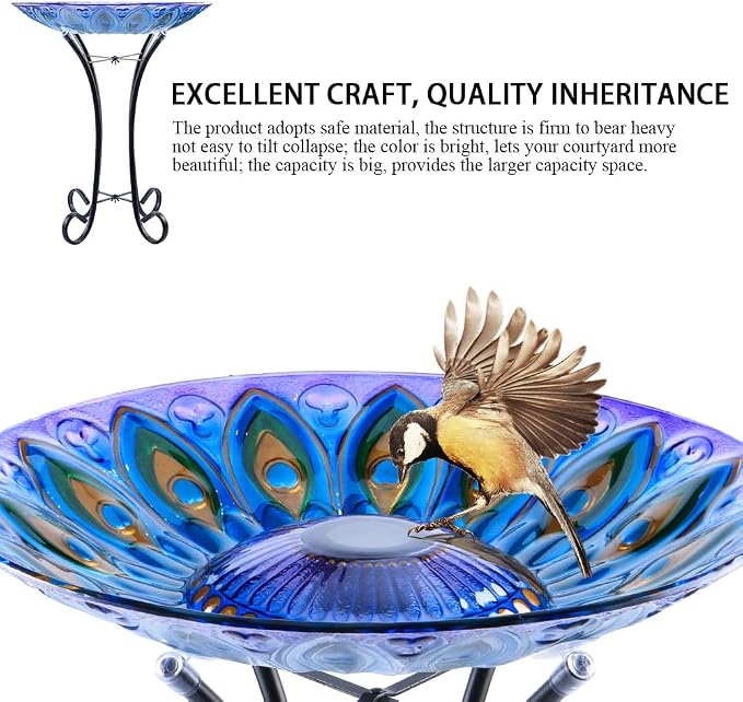 MUMTOP Outdoor Glass Birdbath Solar Birdbaths with Metal Stand for Lawn Yard Garden Peacock Decor,18” Dia 21.65 Height