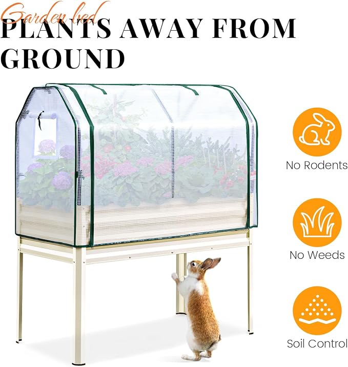 King Bird Large Raised Garden Bed with Cover Galvanized Elevated Planter Box with Legs 48×24×56 in for Backyard, Patio, Balcony, 700lb Capacity, Beige