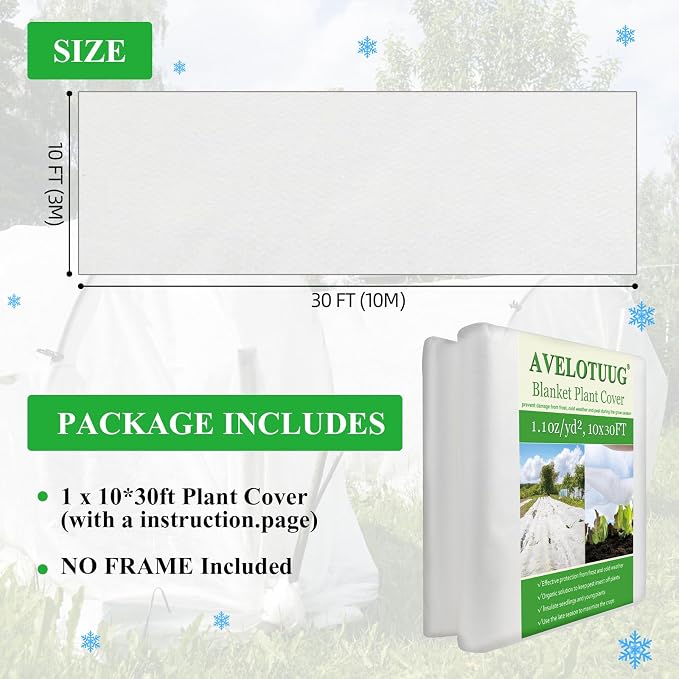 AVELOTUUG Plant Covers Freeze Protection, 10ft×30ft Frost Blankets for Outdoor Plants, 1.1oz/yd² Garden Fabric Plant Floating Row Cover, Winter Frost Cloth Plant Freeze Protection for Cold Weather