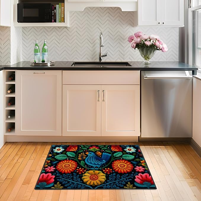 Blue Bird Folk Art Floral 2x3 Entry Rug,Washable Small Rugs for Entryway Kitchen Bathroom Door Mat Indoor Entrance,Non Slip Rubber Backing, Stain & Fade Resistant,Vibrant Mexican Embroidery Decor
