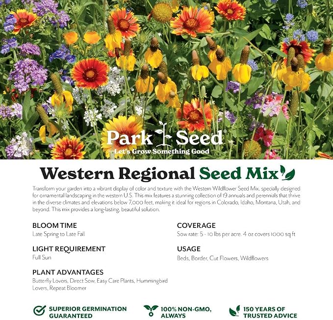 Park Seed Grow Your Own Vibrant Annual and Perennial Wildflower Garden Seeds Mixture, Easy to Grow Varieties for Pollinators and Spring Gardens - Western Regional Mix, 1/4 lb