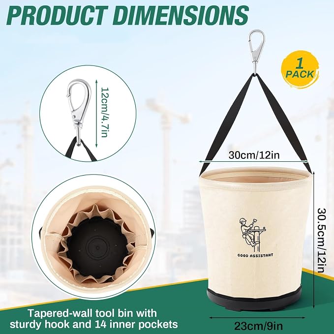 Heavy Duty Tool Canvas Bucket 12 x 12 x 9'' Tapered Wall Bucket Bag with 14 Inner Pockets, Thickened 14 Ounce Canvas, Plastic Bottom High Weight Load Capacity up to 100 Lbs (Printed)