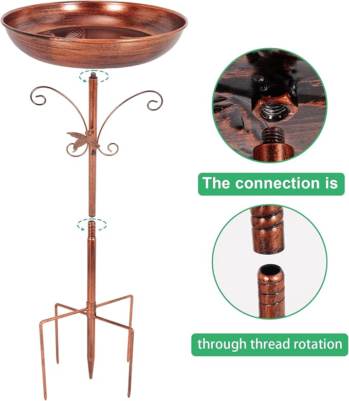 Metal Bird Bath with Solar Fountain for Outdoors, 13" Detachable Bowl & Stable 5-Prong Base Stake, Antique Bronze Birdbath for Garden Yard Patio Decor