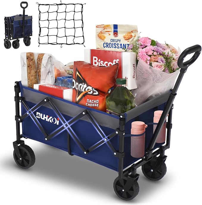 Collapsible Wagon Cart with Wheels Foldable,11 Lbs Lightweight Portable Folding Utility Wagon,90 L Heavy Duty Grocery Shopping Carts,Versatile for Garden Sports Camping Outdoor Use (Navy Gray)