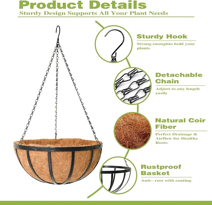 14 Inch Black Flat Iron Metal Hanging Planter Basket with Coco Coir Liner(4 Pack) Hanging Planters for Outdoor Plants Hanging Baskets for Plants Flower Pots for Deck Patio Porch Garden Balcony