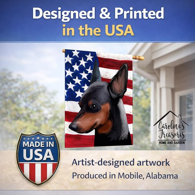 Caroline's Treasures CK6618CHF Miniature Pinscher Dog American Flag House Flag Large Porch Sleeve Pole Decorative Outside Yard Banner Artwork Wall Hanging, Polyester, House Size, Multicolor