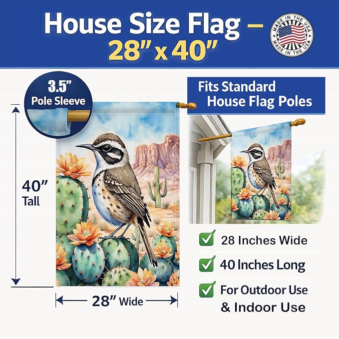 Caroline's Treasures Arizona Cactus Wren House Flag Large Porch Sleeve Pole Decorative Outside Yard Banner Artwork Wall Hanging, Polyester, House Size, Multicolor