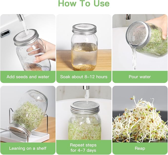 Seed Sprouting Jar Kit - 2 Wide Mouth Mason Jars with 316 Stainless Steel Sprouting Lids Covers, Drip Tray and Stand for Growing Broccoli Alfalfa Beans Sprout (Two Jars)