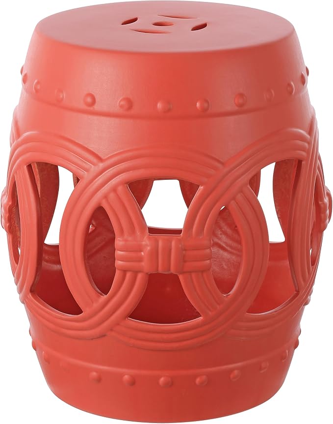 JONATHAN Y Lucky Coins 16" Ceramic Garden Stool, Contemporary Matte Coral Cutout Interlocking Rings Drum Indoor/Outdoor Side Table and Plant Stand for Patio, Garden, Living Room TBL1022G