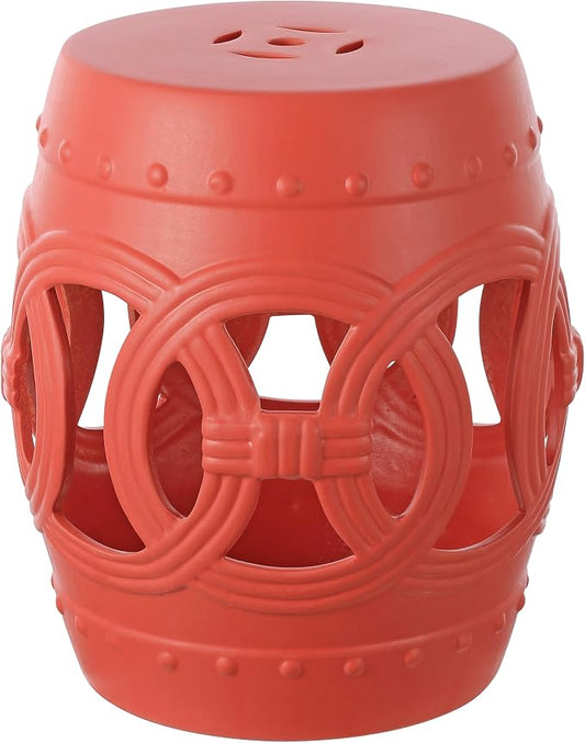 JONATHAN Y Lucky Coins 16" Ceramic Garden Stool, Contemporary Matte Coral Cutout Interlocking Rings Drum Indoor/Outdoor Side Table and Plant Stand for Patio, Garden, Living Room TBL1022G