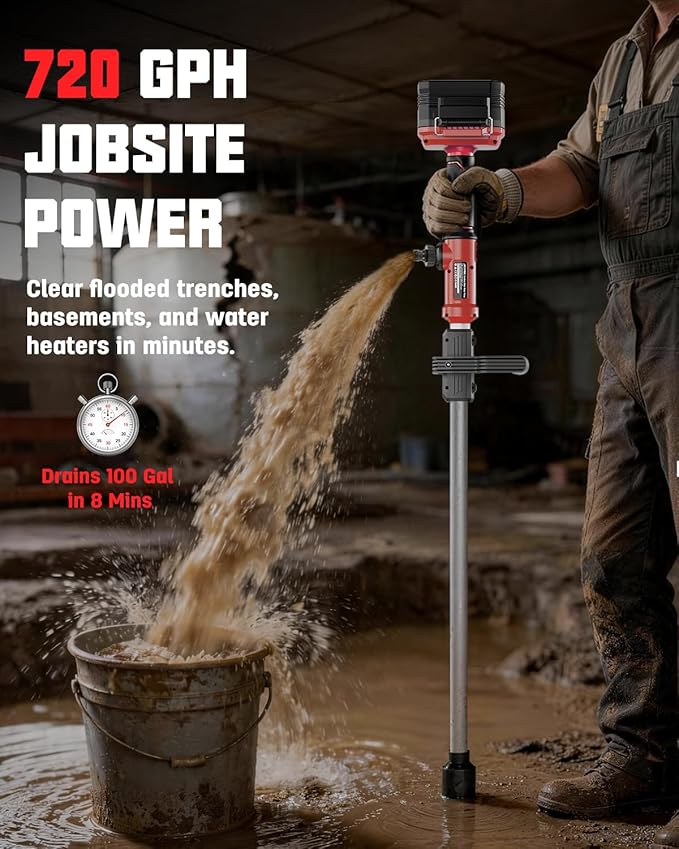 Cordless Stick Water Transfer Pump Compatible with Milwaukee 18V Battery (Tool Only), 720 GPH Portable Electric Utility Pump with 32FT Lift, Brushless Sump Pump for Pool, Garden, Pond, RV and Boat