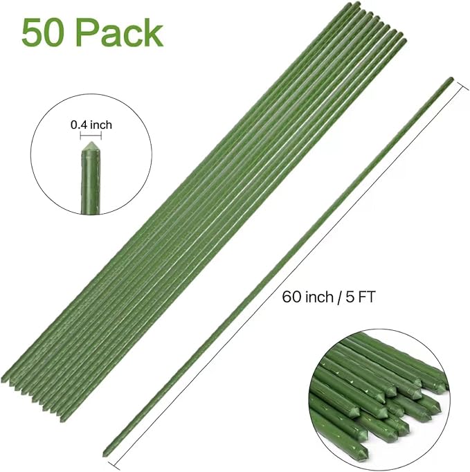 60inch/5ft Garden Stakes, 50pcs Plant Stakes, Plastic Coated & Steel Tube Plant Support, Sturdy Tomato Sticks for Garden