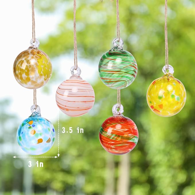 VCUTEKA Hanging Garden Gazing Balls, Glass Witch Ball for Outdoor Decor, 3" | 6pcs Hanging Gazing Balls, Hand-Blown Witch Ball Ornament Colorful Swirl Garden Globe for Outdoor Garden Lawn Yard Decorative