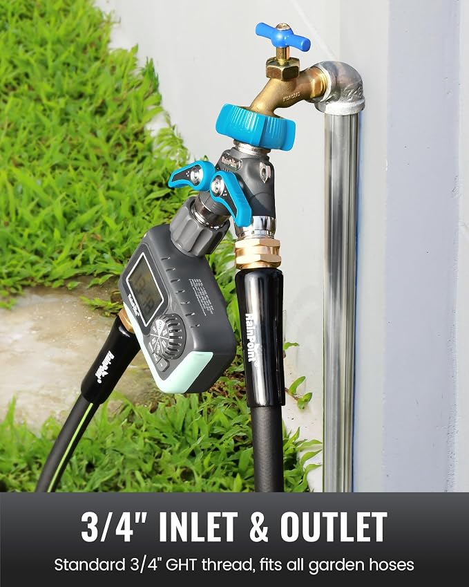 RAINPOINT Garden Hose Splitter 2 Way Heavy Duty,Water Hose Y Spigot Splitter with Shutoff Valves, 100% Metal Body Outdoor Spigot Splitter, 1.9" Extra Long Metal Handle, 3/4" GHT Thread(Blue)
