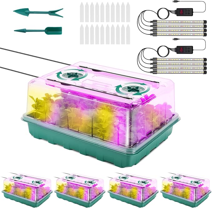 192 Cell Seed Starter Tray with Grow Light, Seed Starter Kit with Adjustable Humidity Dome, Seed Starting Trays Plant Starter Kit for Seeds Growing Starting, Indoor Gardening, Greenhouse