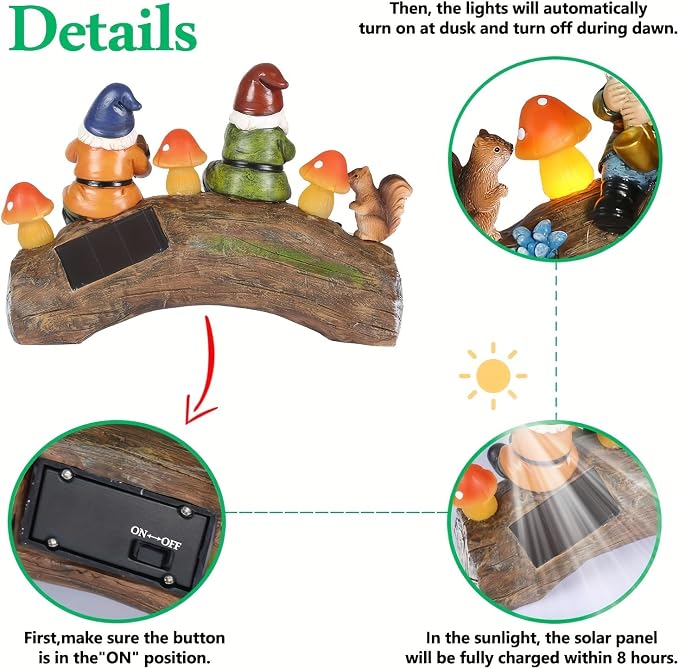Solar Powered Squirre Gnome Mushroom Light 14" Weatherproof Resin Garden Decor Auto-Sensor Outdoor Lamp Warm White Fairy Light Housewarming/Birthday Bullet Points