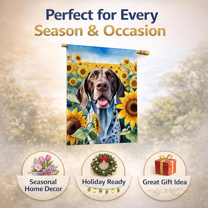Caroline's Treasures DAC6085CHF German Shorthaired Pointer in Sunflowers House Flag Large Porch Sleeve Pole Decorative Outside Yard Banner Artwork Wall Hanging, Polyester, House Size, Multicolor