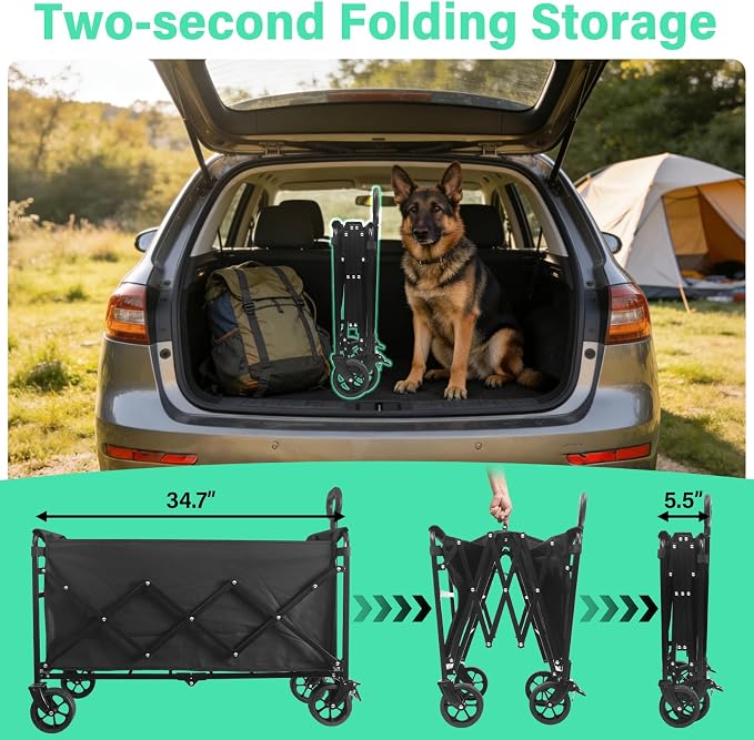 Upgraded Heavy Duty Foldable Wagon – 550LBS Capacity, All-Terrain Wheels & Brakes, Large Collapsible Cart for Beach, Camping, Grocery & Sports (Black)
