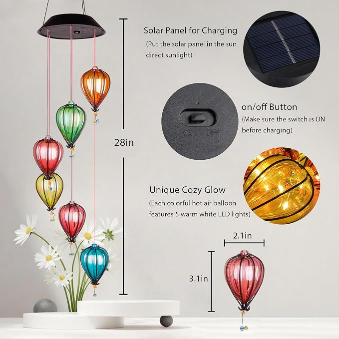 Solar Wind Chimes for Outside, Hot Air Balloon Solar Lights Outdoor Colorful Hanging Decor with 30 Warm White LEDs, Auto On/Off Light Sensing Waterproof Garden Gifts for Mom Grandma Women