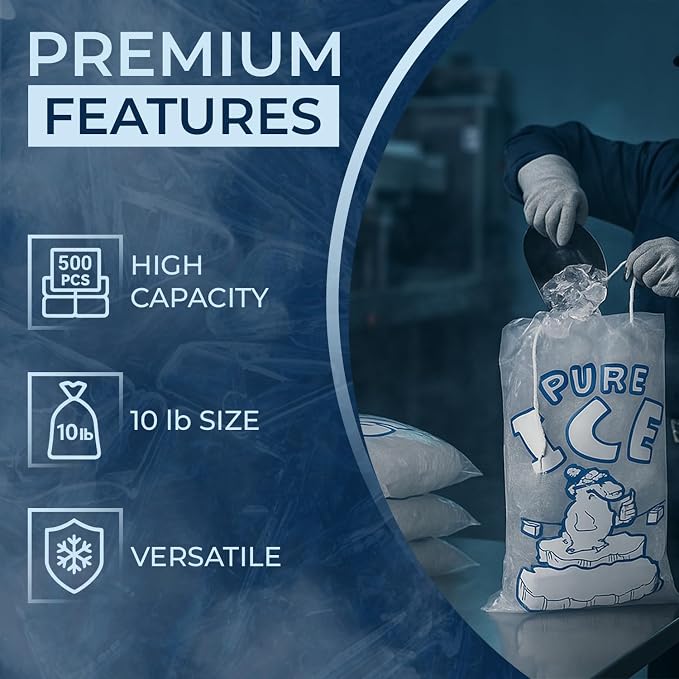 ice bags 10 lb with Drawstring, 500 Count – Heavy Duty 12" x 18" Plastic Ice Bags for Bulk Commercial Use, Gas Stations & Convenience Stores – By Interplas