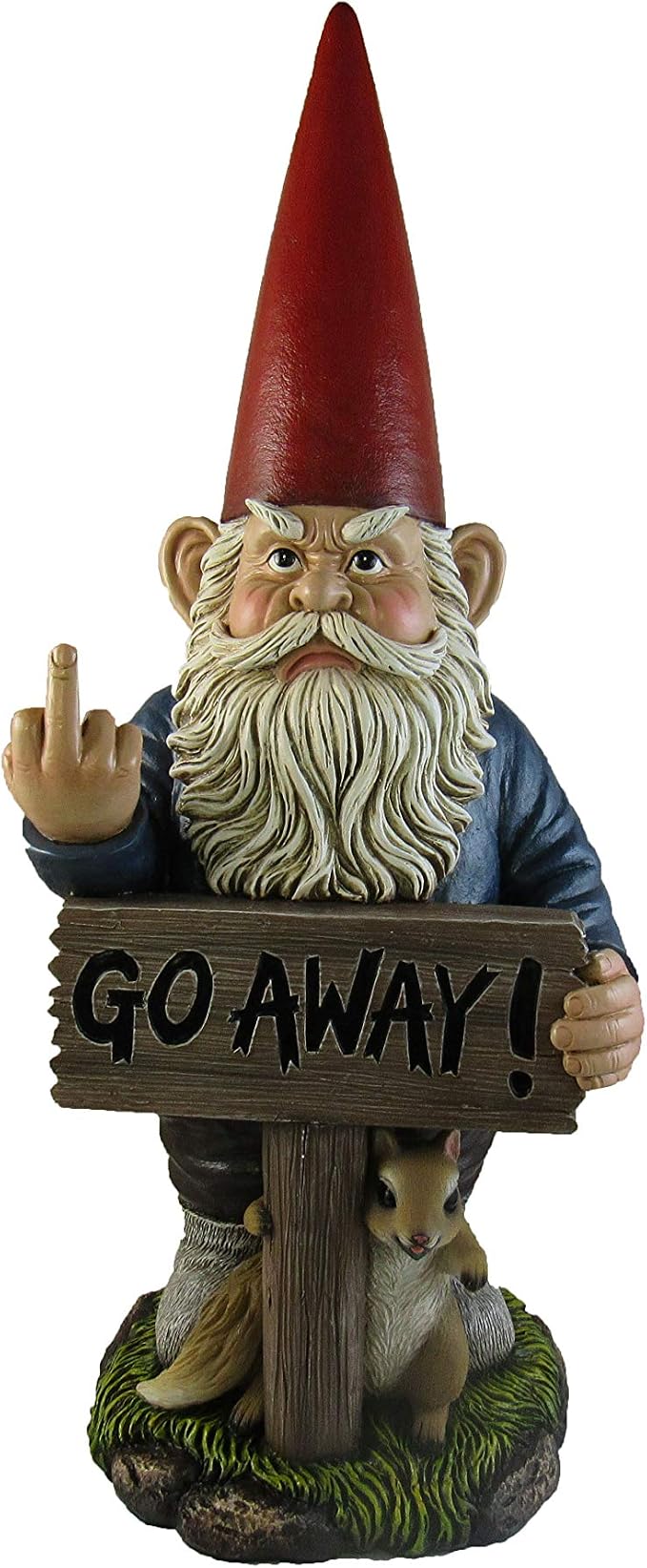 DWK Garden Gnome Statue, 17.5 Inch with Go Away Sign and One-Finger Salute | Take a Hike Un-Welcome Message, Hand-Painted Resin, Outdoor Porch or Garden Decor