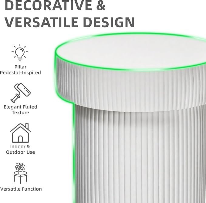 24" Pedestal Side Table, Round Fluted 3-in-1 Coffee Accent Table | Durable Lightweight Round Table, Decorative Patio Outdoor GardenStool Art for Poolside, Balcony, Living room.
