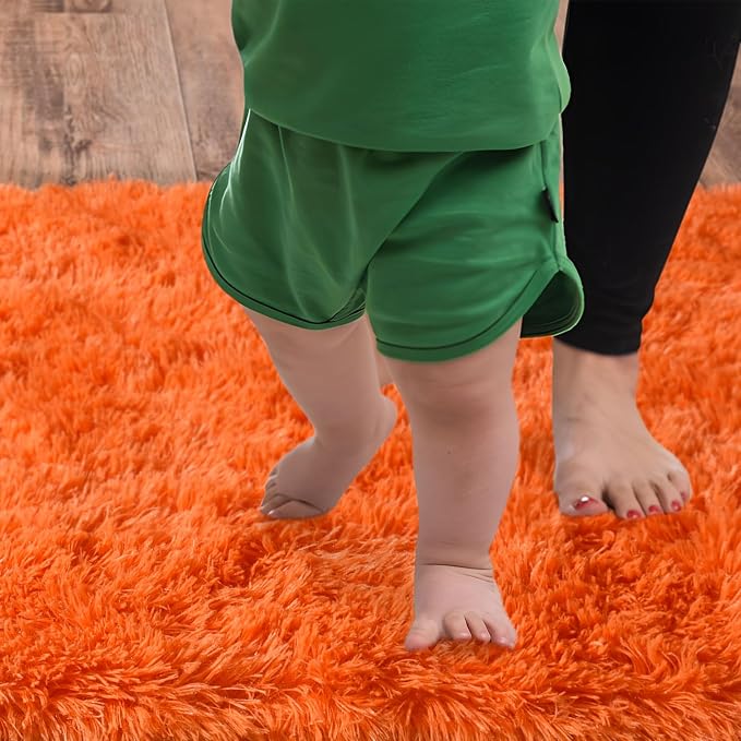 9x12 Large Area Rugs for Living Room, Fluffy Washable Orange | Upgrade Non-slip, 9 x 12 Big Shag Rug for Girls Bedroom Kids Nursery, Modern Shaggy Furry Carpet for Dorm, Flame Resistant