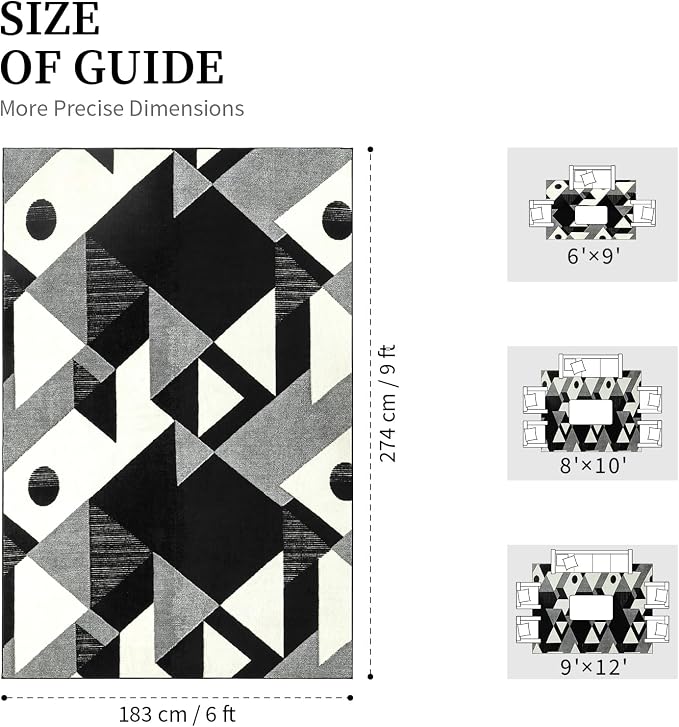 6x9 Black and White Modern Geometric Patchwork Washable Area Rug | Stain-resistant Low-pile Black and Grey Large Carpet, Non Slip Geometric Rug for Living Room Dining Room and Bedroom Floors