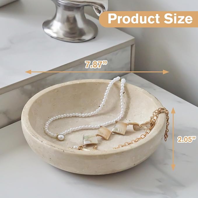 Marble Bowl Decorative, 7.8’’ Entryway Travertine Bowl For Keys Fruit Candy Jewelry, Natural Stone Bowls for Entry Table, Organic Modern Home Decor for Centerpieces, Beige