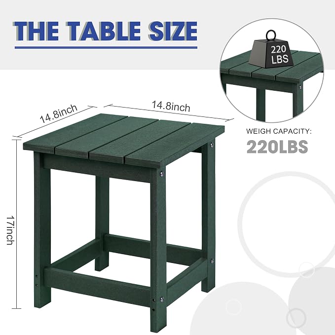 LZRS Patio Side Table, Heavy Duty HDPE Outdoor End Table with Wood Texture, Weatherproof Composite Table for Adirondack Chairs, Deck, Pool, Indoor/Outdoor, No Peeling or Cracking(Dark Green)