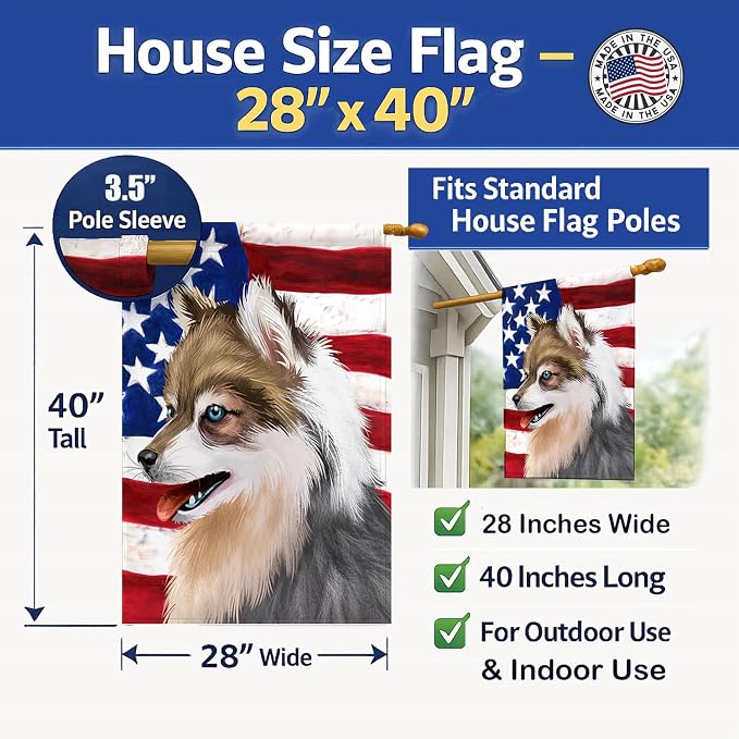 Caroline's Treasures CK6390CHF Alaskan Klee Kai American Flag House Flag Large Porch Sleeve Pole Decorative Outside Yard Banner Artwork Wall Hanging, Polyester, House Size, Multicolor