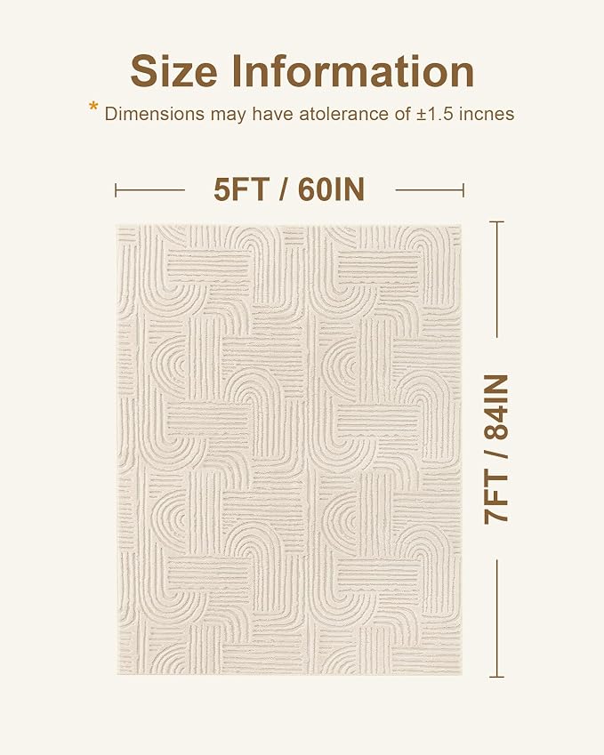 Carvapet 5x7 Area Rug Beige Modern Geometric Maze Washable Carpet | Soft plush rug with 3D high low pile texture and skid resistant backing for living rooms and bedrooms