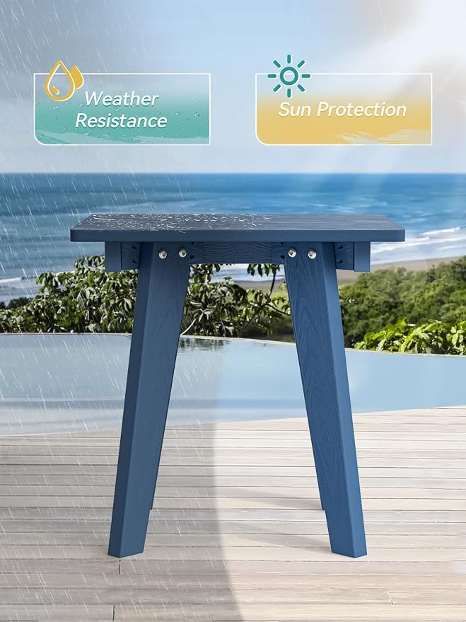 Outdoor Side Table, HDPE Weather Resistant Small Patio Table for Porch and Balcony, 200 LBS Capacity Heavy Duty Small Outdoor Table for Backyard and Pool, Easy Maintenance, Prussian Blue