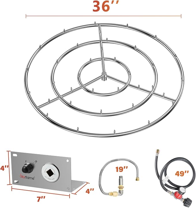 Skyflame 36" Stainless Steel Burner Ring Installation Kit, Round Fire Pit | 36" Round, 443,000 BTU, DIY Installation, Jet Nozzles, No Whistling Noise, Ignition Kit Included, Propane