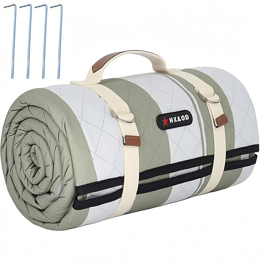 HX&OD Outdoor Picnic Blanket Extra Large, 80''*60'' Waterproof Picnic Mat with Stakes Foldable Camping Blanket Portable with Carry Strap for Beach Mat (Green& White, 80''*60'')