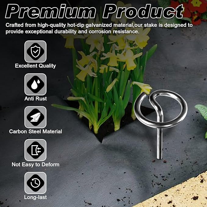 FEED GARDEN Heavy Duty Landscape Fabric Pins 8 Gauge 60 Pack with Pick Hook, 6 Inch Galvanized Round Head Garden Stakes for Weed Barrier Fabric, Turf, Sod, Tent, Garden Edging & Hard Soil