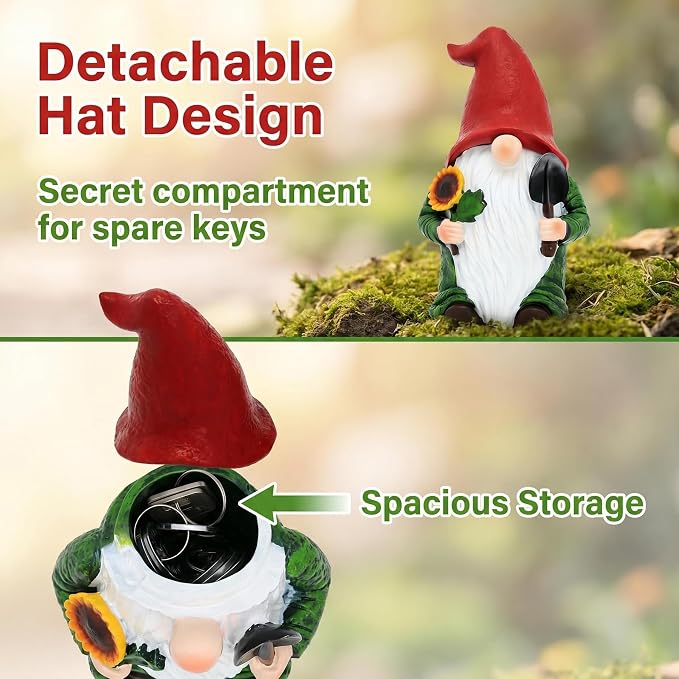 Hide A Key Outside Garden Gnome Statue, Outdoor Key Hiders Hidden Spare Key Holder Lock Box with Rotating Clasp, Yard Lawn Patio Garden Decor for Homeowners