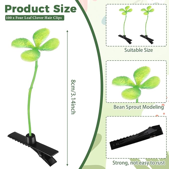 Tigeen 100 Pieces Bean Sprout Hair Clip Funny Plant Hairpins Grass Flower Butterfly Mushroom Hair Accessories (Four Leaf Clover)