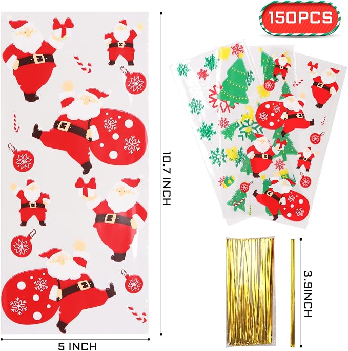 150PACK Christmas Cellophane Bags Treat Cookie Gift Bags with Twist Ties for Christmas Party Favors(150PACK, 5x10inch)