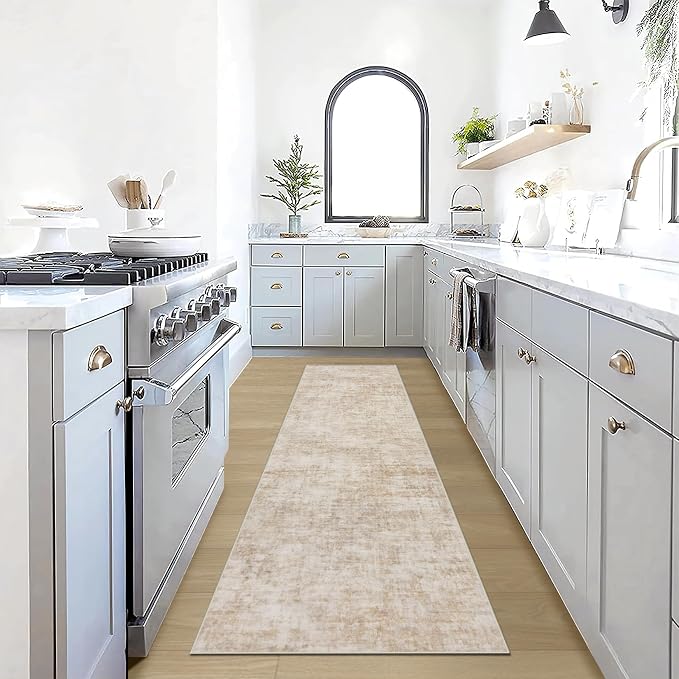 2'6''x8' Runner Rugs Washable Rug: Modern Abstract Hallway Beige Carpet | Non-slip TPE backing makes this washable soft low-pile rug safe & durable, Pet-friendly decor for dining room,nursery,office