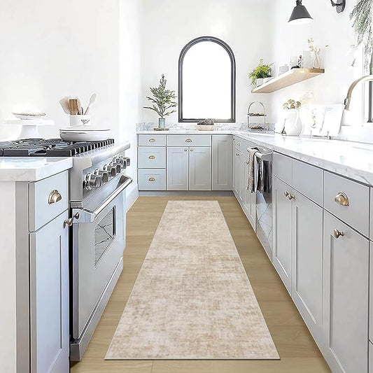 2'6''x8' Runner Rugs Washable Rug: Modern Abstract Hallway Beige Carpet | Non-slip TPE backing makes this washable soft low-pile rug safe & durable, Pet-friendly decor for dining room,nursery,office