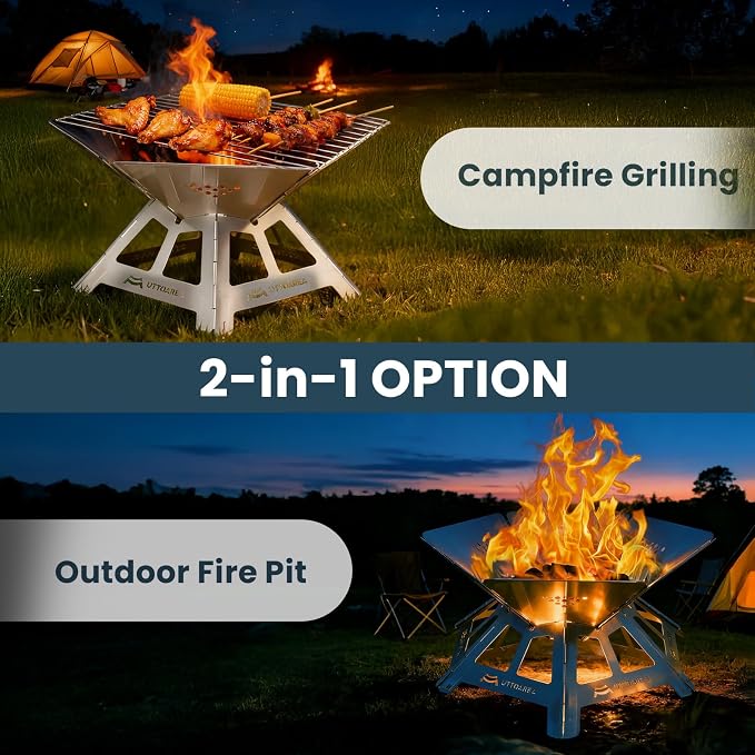 21" Portable Outdoor Fire Pit with Charcoal Grill Net & Storage Bag | 0.8mm Thick Stainless Steel, For Patio, Backyard BBQ, Camping & Beach Bonfires