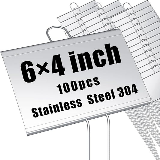 Landhoow 100 Pcs Large Garden Plant Markers Metal Plant Labels Sign 4'' x 6'' with 11'' Stake Weatherproof Waterproof Garden Sign for Outdoor Tree Seedlings Herbs Vegetable Greenhouse, Silver