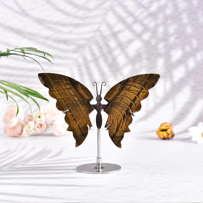 JIC Gem Natural Tiger Eye Stone Crystal Butterfly Art Wings Healing Crystal Carving Ornament with Display Stand Decoration Reiki(1pair, 10cm)