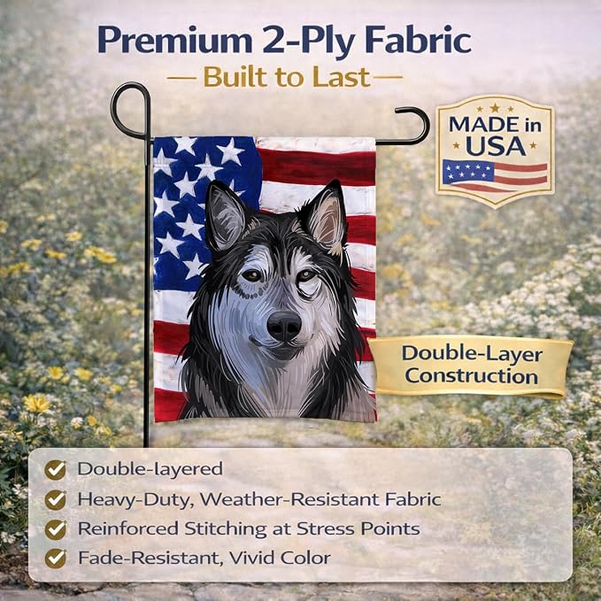 Caroline's Treasures CK6734GF Tamaskan Dog American Flag Garden Flag Mailbox Flag Decorative Yard Flag Banner Outside Patio Artwork Yard Flower Beds, Garden Size, Multicolor
