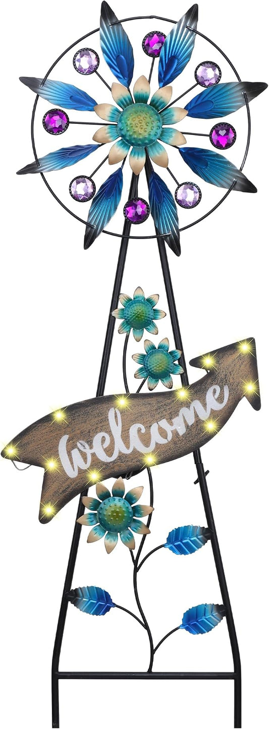 TERESA'S COLLECTIONS Garden Decor Solar Stake, Wind Spinner for Outdoor Decorations, Metal Windmill Blue Floral Yard Art Sign Decorative Garden Stake for Lawn Ornaments, Gifts for Mom, 26''