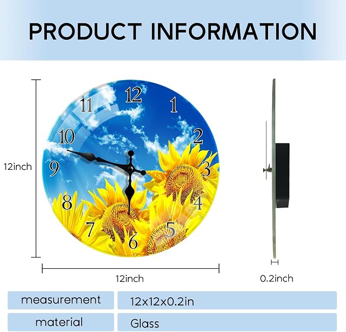 Britimes Round Wall Clock Silent Non-Ticking Battery Operated Glass Outdoor Waterproof Clock 12 Inch, Sunflower Summer Home Decor for Living Room, Kitchen, Bathroom, Bedroom, and Office