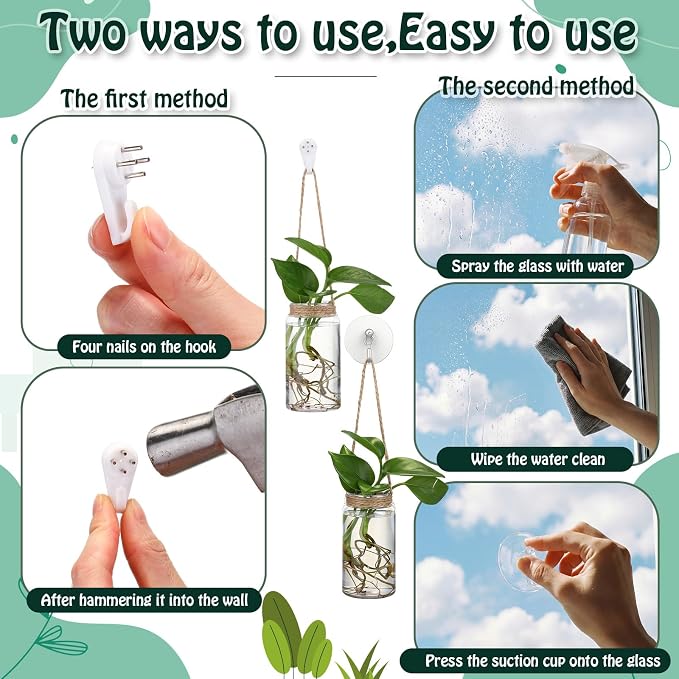Baderke 9 Sets Window Hanging Propagation Stations 3.54'' Plastic Propagation Vases with Suction Cup & Traceless Nail, Propagated Plant Holder Wall Jars for Office Home Garden Decoration Lover Gift